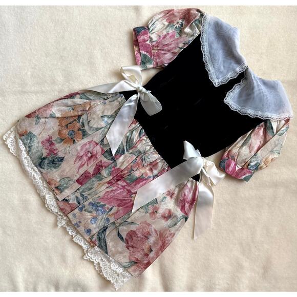 Vintage 90s Piano Kids Fashion Dress Girls 6 Multi Floral Print Lace Bow Party - Picture 2 of 4